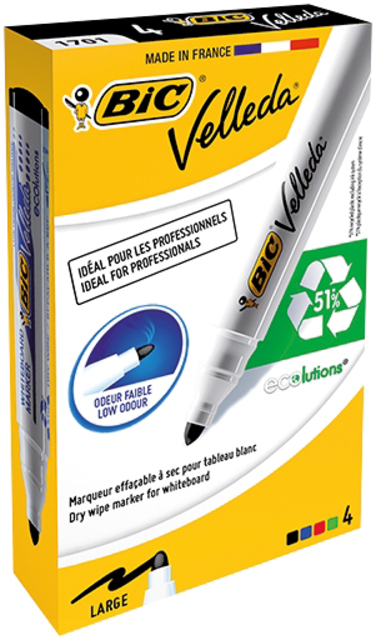 Feutre tableau blanc BIC Velleda 1701 ogive Large assorti boîte 4 pièces
