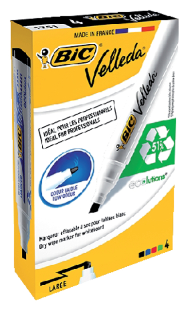 Whiteboardmarker Bic Velleda 1751 schuin large assorti set à 4 stuks