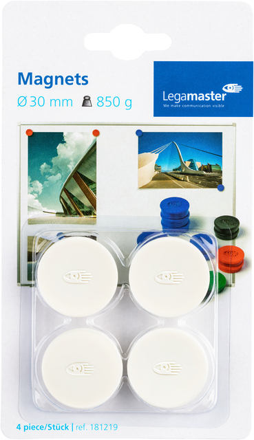 Magneet Legamaster 30mm 850gr wit 4 stuks