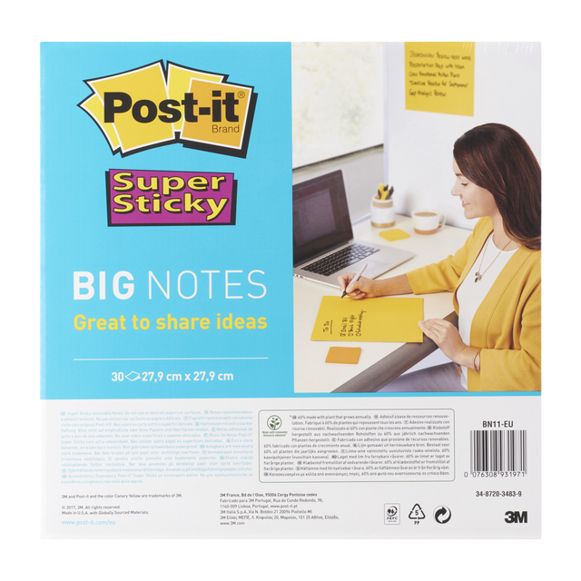 Scrum Big Notes Post-it Super Sticky BN11-EUU 279x279mm jaune 30 feuilles