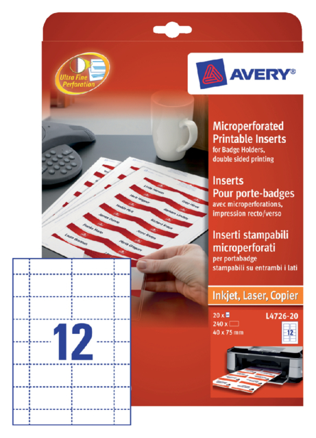 Insert pour badge Avery L4726-20 40x75mm micro perforation 20 feuilles