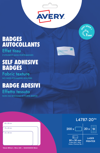 Badge adhésif Avery L4787-20 80x50mm cadre bleu 200 pièces