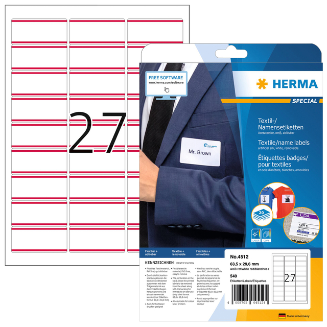 Etiquette badge HERMA 4512 63,5x29,6mm blanc/rouge 540 pièces