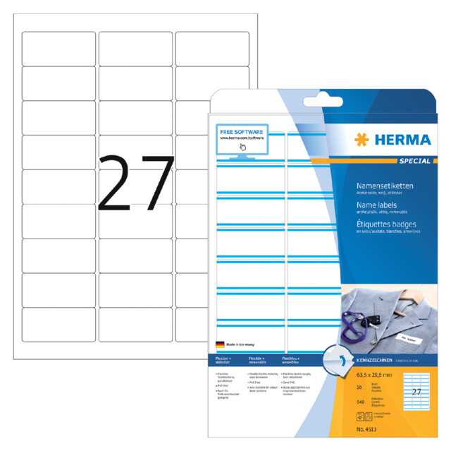 Naambadge etiket HERMA 4513 63.5x29.6mm wit/blauw