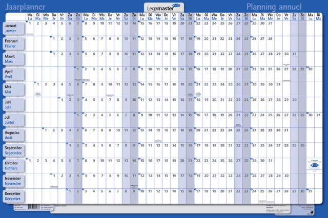 Jaarplanner 2025 Legamaster 90x60cm horizontaal gelamineerd Engelstalig