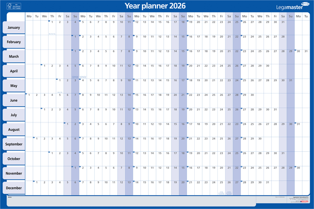 Jaarplanner 2026 Legamaster 90x60cm horizontaal gelamineerd Engelstalig