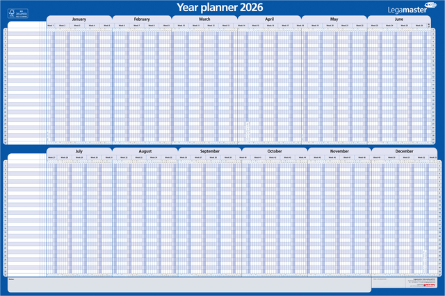 Projectplanner 2026 Legamaster 90x60cm horizontaal gelamineerd Engelstalig