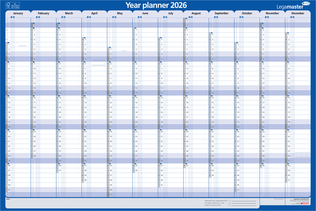 Jaarplanner 2026 Legamaster 1 persoon 90x60cm horizontaal gelamineerd Engelstalig