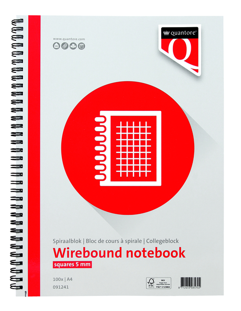 Bloc-notes Quantore A4 carreaux 5mm spirale 100 feuilles 70g