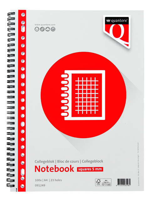 Bloc de cours Quantore A4 23 perforations carreaux 5mm 200 pages 70g