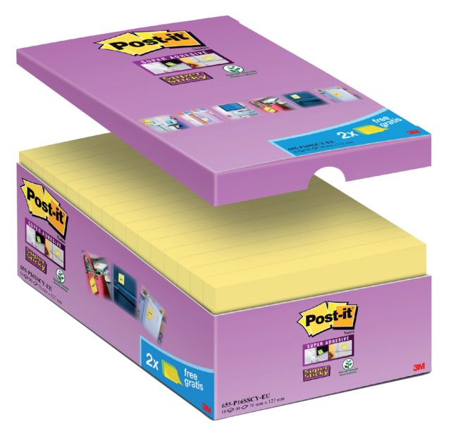 Memoblok Post-it 655 Super Sticky 76x127mm geel 14+2 gratis