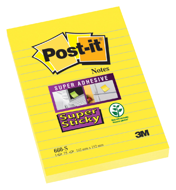 Bloc-mémos Post-it 660 Super Sticky 102x152mm jaune ligné 75 feuilles