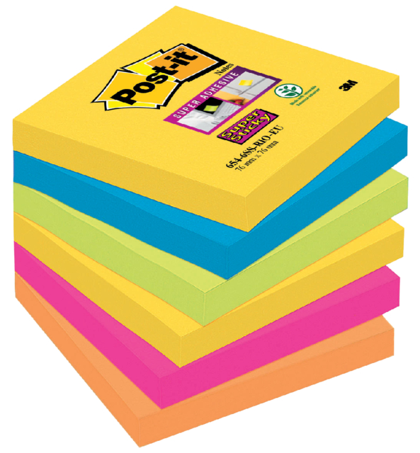 Bloc-mémos Post-it 654 Super Sticky 76x76mm Carnival 6 pièces