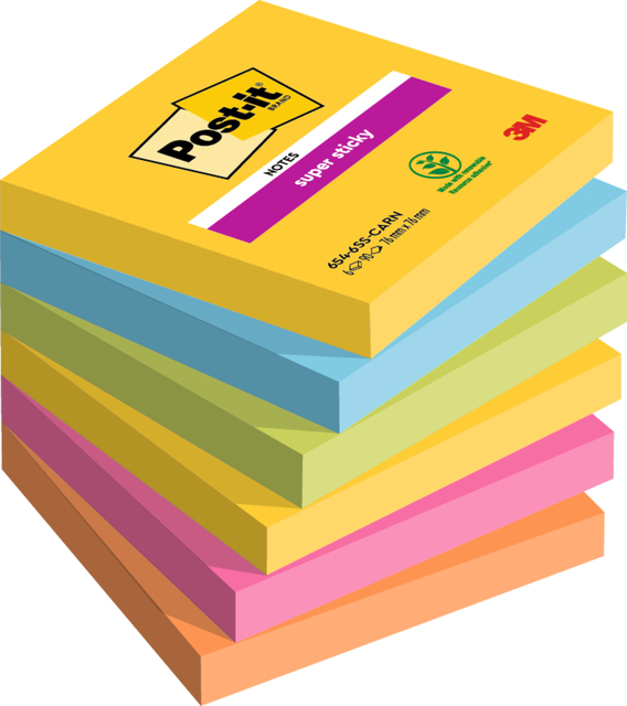 Bloc-mémos Post-it 654 Super Sticky 76x76mm Carnival 6 pièces