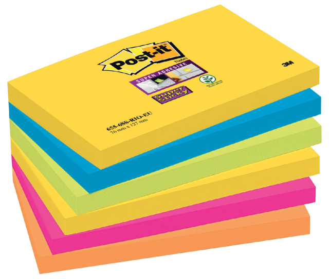 Bloc-mémos Post-it 655 Super Sticky 76x127mm Carnival 6 pièces