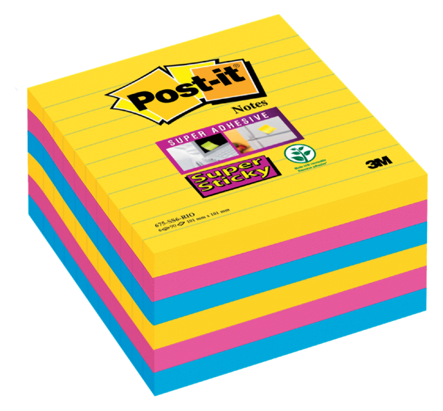 Bloc-mémos Post-it 675 Super Sticky 101x101mm Rio 6 pièces