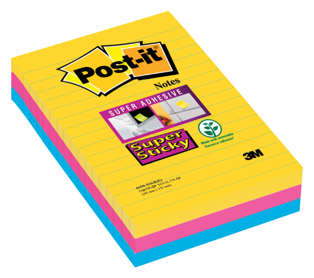 Bloc-mémos Post-it 4960 Super Sticky 101x152mm ligné Carnival 3 pièces