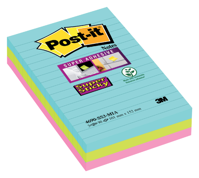 Memoblok Post-it 4690 Super Sticky 101x152mm Cosmic 3 stuks