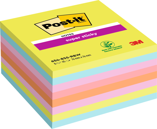 Bloc-mémos Post-it 654 Super Sticky 76x76mm Arc-en-ciel 8 pièces