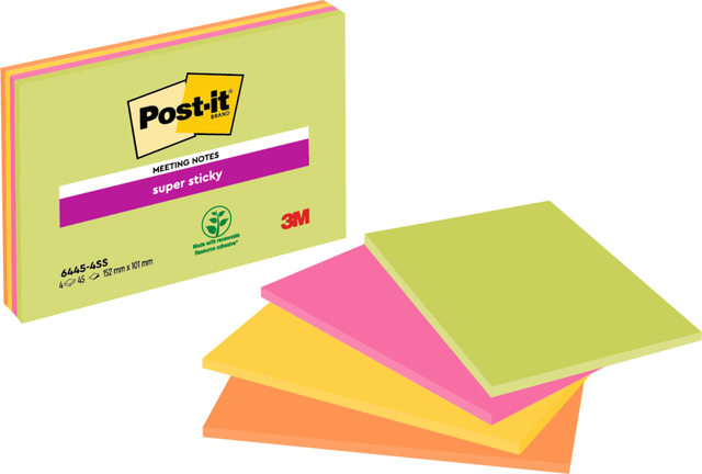 Bloc-mémos Post-it 6445 Super Sticky 152x101mm assorti 4 pièces