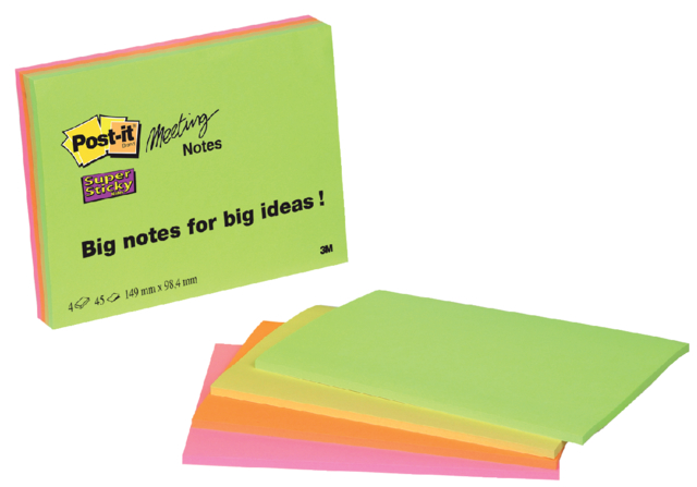 Memoblok Post-it 6445 Super Sticky 152x101mm assorti 4 stuks