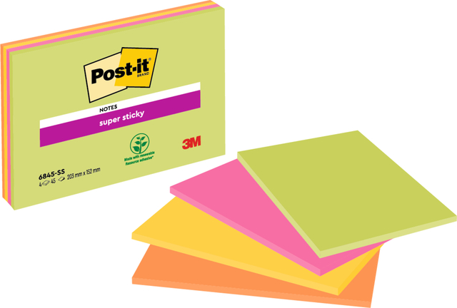Bloc-mémos 3M Post-it 6845 Super Sticky 203x152mm assorti 4 pièces