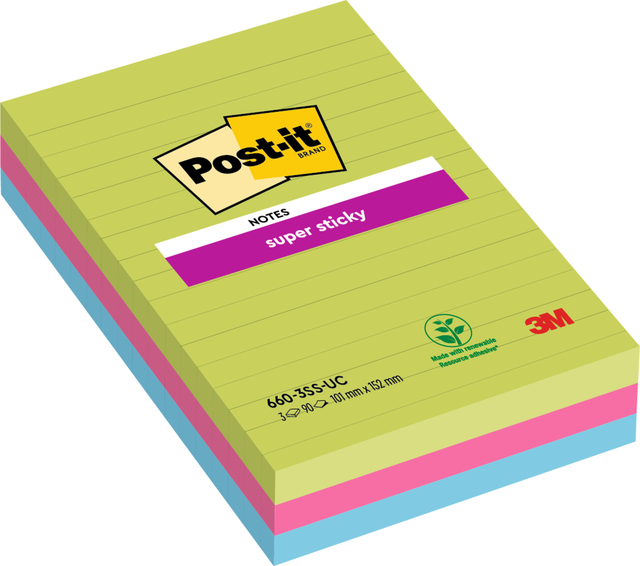 Bloc-mémos Post-it 660 Super Sticky 102x152mm ligné rainbow 3 pièces