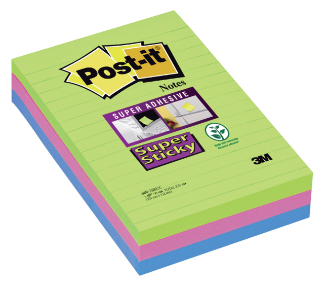 Bloc-mémos Post-it 660 Super Sticky 102x152mm ligné rainbow 3 pièces