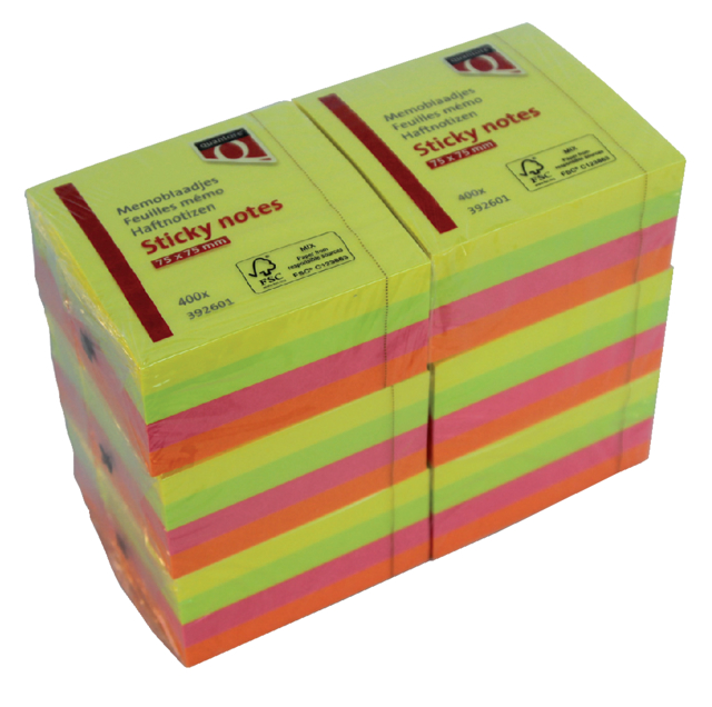 Memoblok Quantore 76x76mm neon kleuren assorti 4 kleuren 400 vel