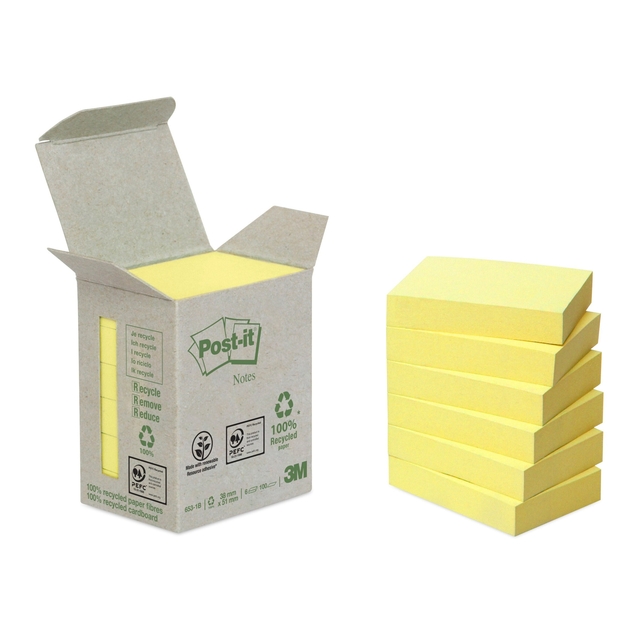 Bloc-mémos Post-it 653-1B 38x51mm recyclé jaune canari 6 pièces