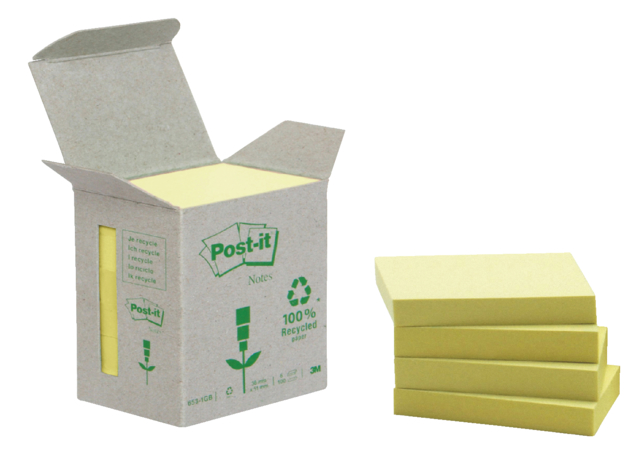 Memoblok Post-it 653-1B recycled 38x51mm canary yellow 6 stuks