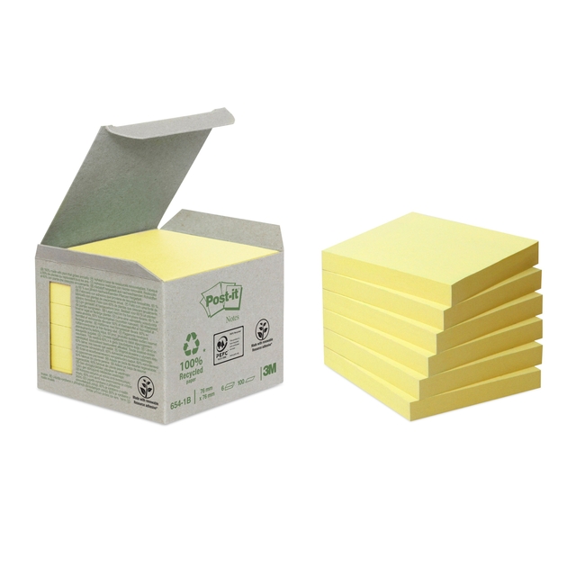 Bloc-mémos Post-it 654-1B 76x76mm recyclé jaune 6 pièces
