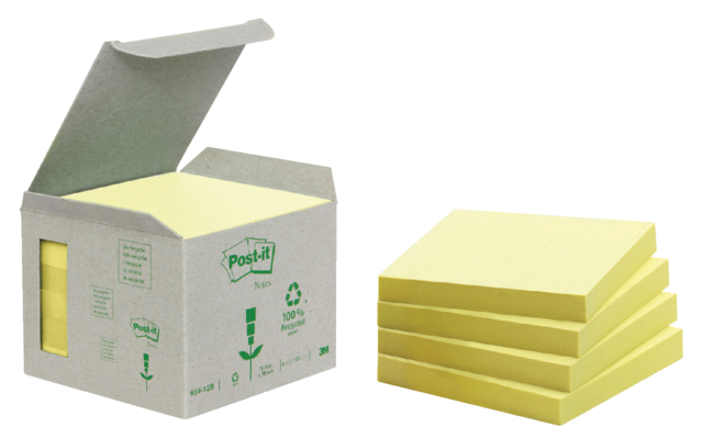 Memoblok Post-it 654-1B 76x76mm recycled geel 6 stuks