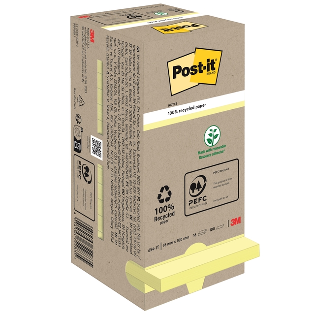 Bloc-mémos Post-it 654 76x76mm recyclé jaune pastel 16 pièces
