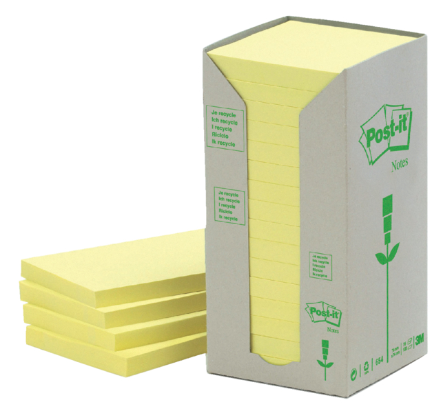 Memoblok Post-it 654 76x76mm recycled pastel geel 16 stuks