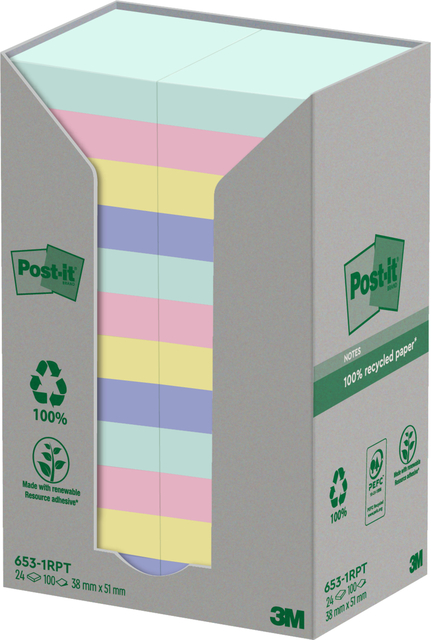Bloc-mémos Post-it 653-RPT 38x51mm Arc-en-ciel pastel 24 pièces