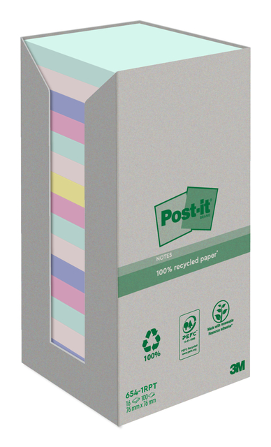 Bloc-mémos Post-it 654-RTP 76x76mm recyclé Arc-en-ciel pastel 16 pièces
