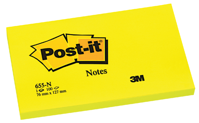 Memoblok Post-it 655 76x127mm 100 vel per blok neon geel