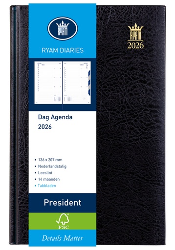 [900092] Agenda 2026 Ryam President Mundior 1 jour/1 page noir