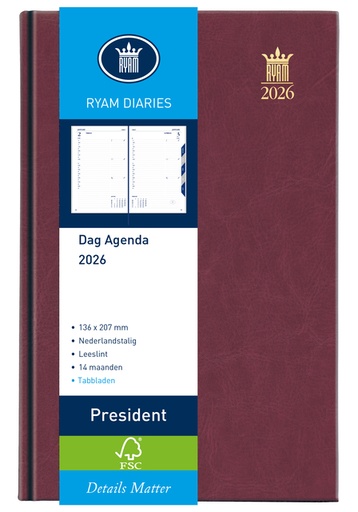 [900180] Agenda 2026 Ryam President 1 jour/1 page bordeaux