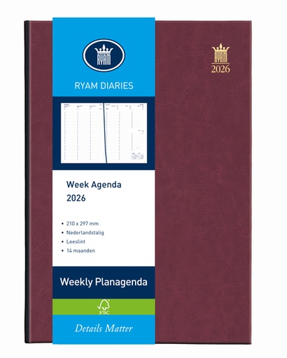 [900191] Agenda 2026 Ryam Weekly Mundior 7dagen/2pagina's bordeaux