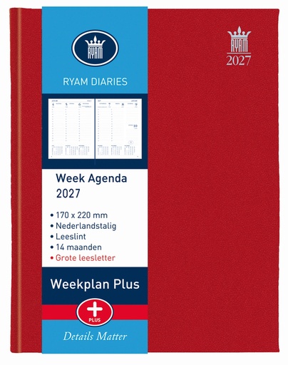 [900184] Agenda 2027 Ryam semaine Plus Mundior 7 jours/2 pages rouge