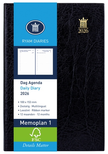 [900074] Agenda 2026 Ryam Memoplan 1 Mundior 1dag/1pagina zwart