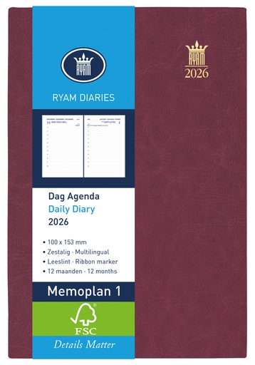 [900188] Agenda 2025 Ryam Memo Mundior 1 jour/1 page bordeaux