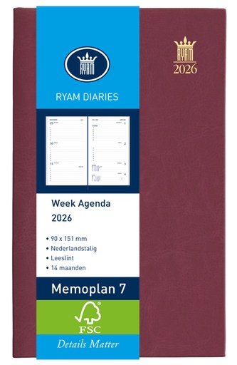 [900190] Agenda 2026 Ryam Memoplan 7 Suprema 7 jours/ 2 pages bordeaux