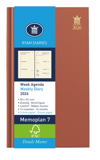 [900099] Agenda 2026 Ryam Memoplan 7 Nappa 7 jours/2 pages assorti