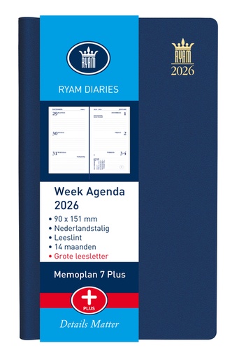 [900122] Agenda 2026 Ryam Memoplan 7 Plus Mundior 7 jours/2 pages assorti