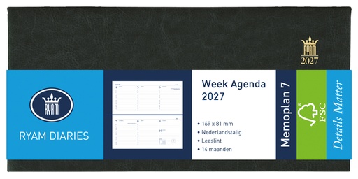 [900102] Agenda 2027 Ryam Memoplan 7 Mundior Suprema 7dagen/2pagina's landscape zwart