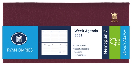[900189] Agenda 2026 Ryam Memoplan 7 Suprema 7dagen/2pagina's landscape bordeaux