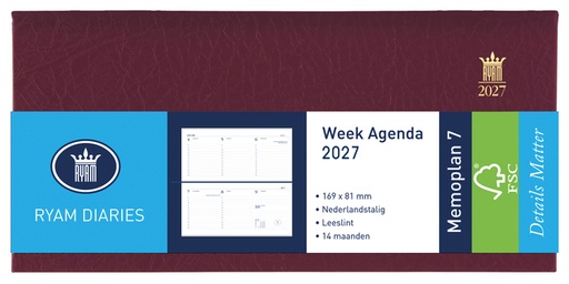 [900189] Agenda 2027 Ryam Memoplan 7 Mundior 7 jours/2 pages bordeaux